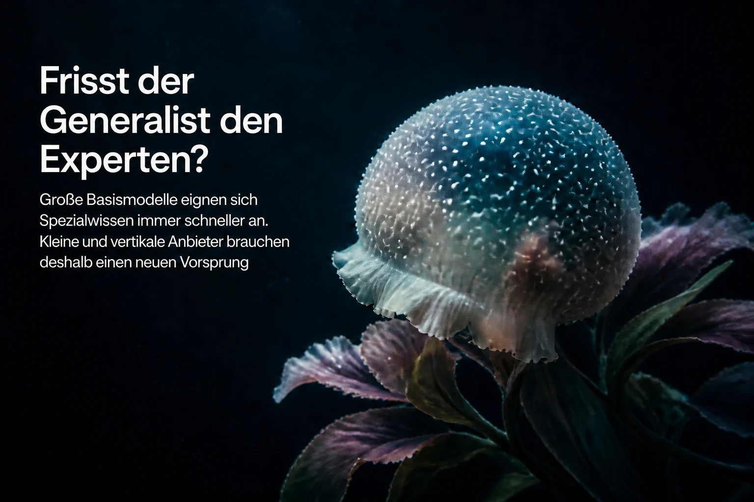 Transparente Qualle über dunklen Blättern vor tiefblauem Hintergrund mit dem Titel Frisst der Generalist den Experten? und deutscher Unterzeile.