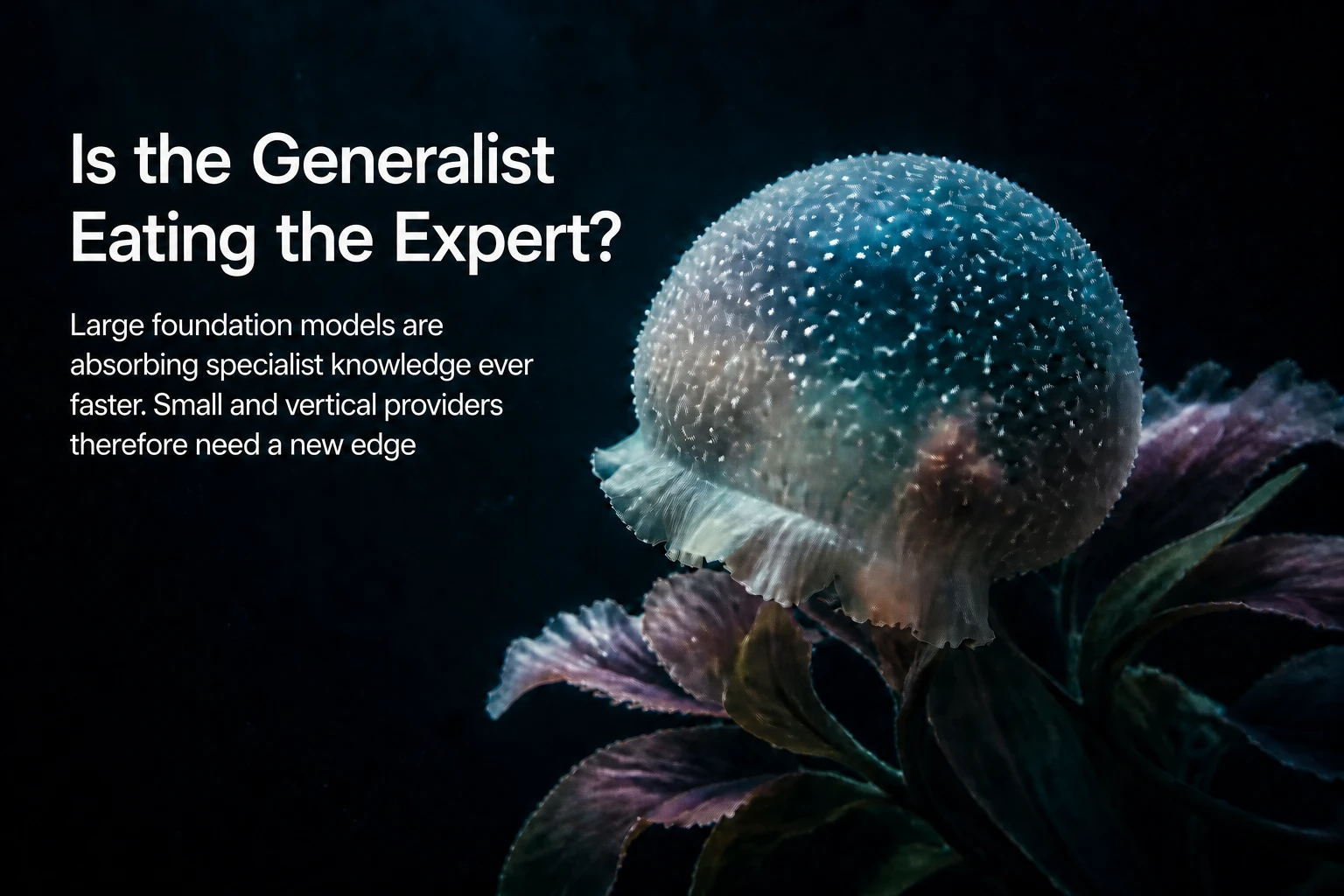 Translucent jellyfish above dark leaves against a deep-blue background with the title Is the Generalist Eating the Expert? and an English subtitle.
