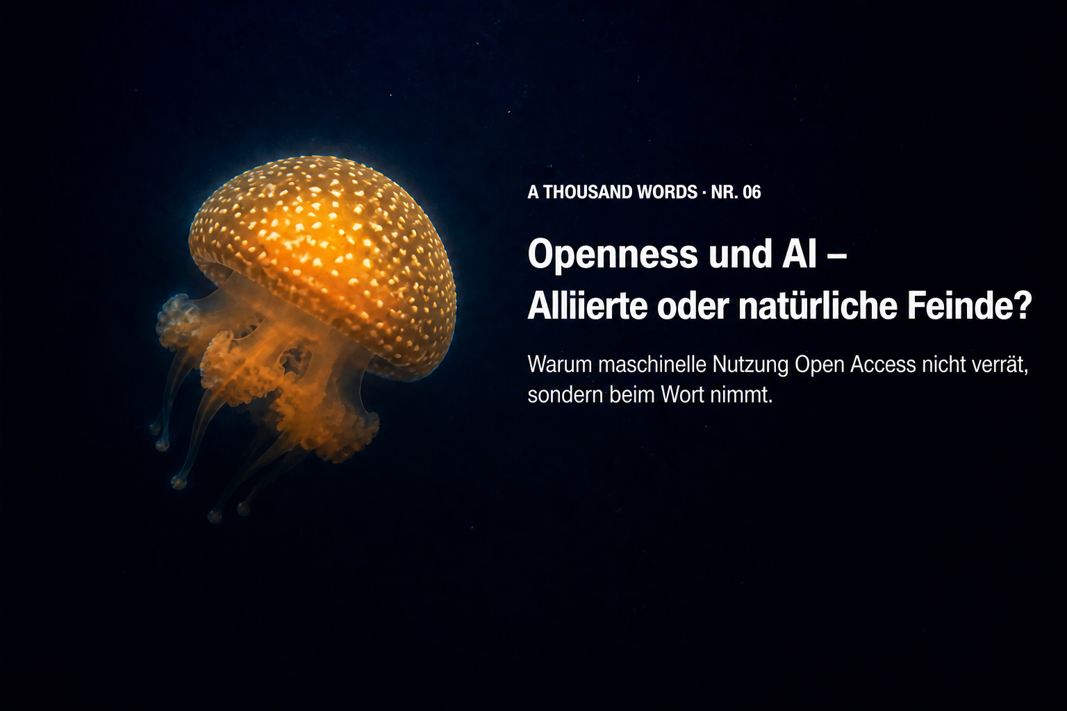 Bernsteinfarbene Qualle vor tiefblauem Hintergrund mit dem Titel Openness und AI – Alliierte oder natürliche Feinde? und deutscher Unterzeile.